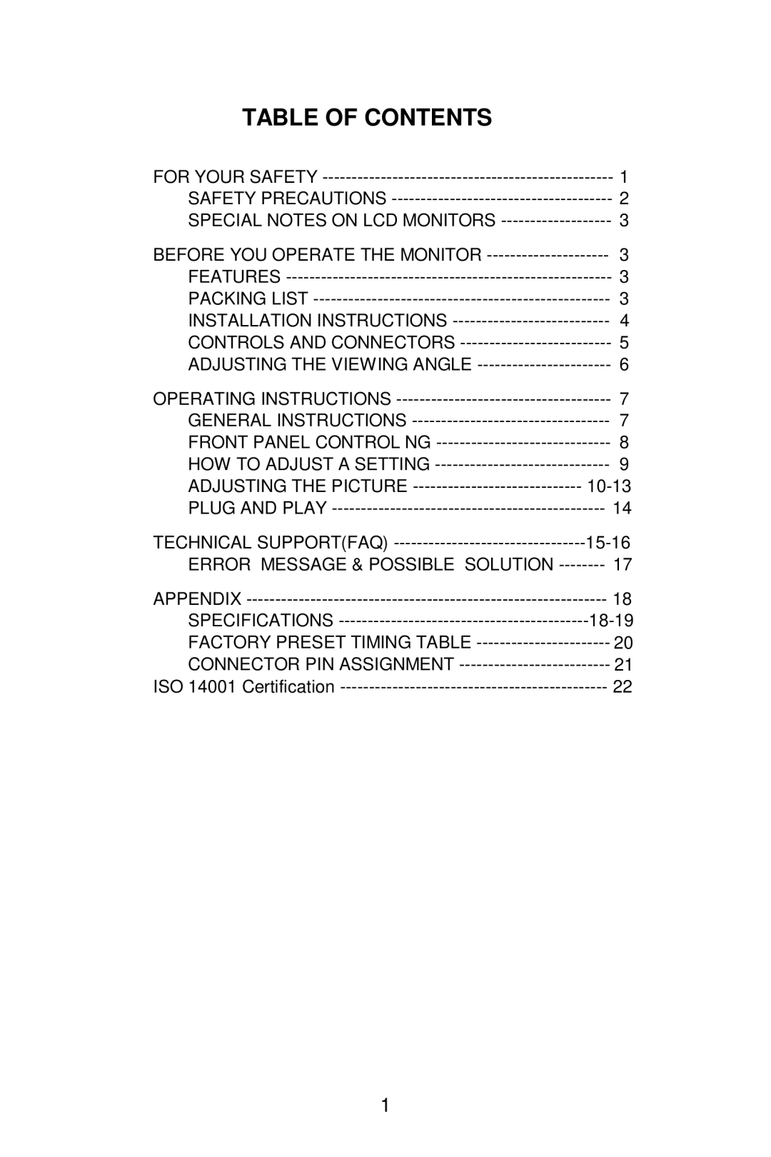 Envision Peripherals G2219 manual Table of Contents 