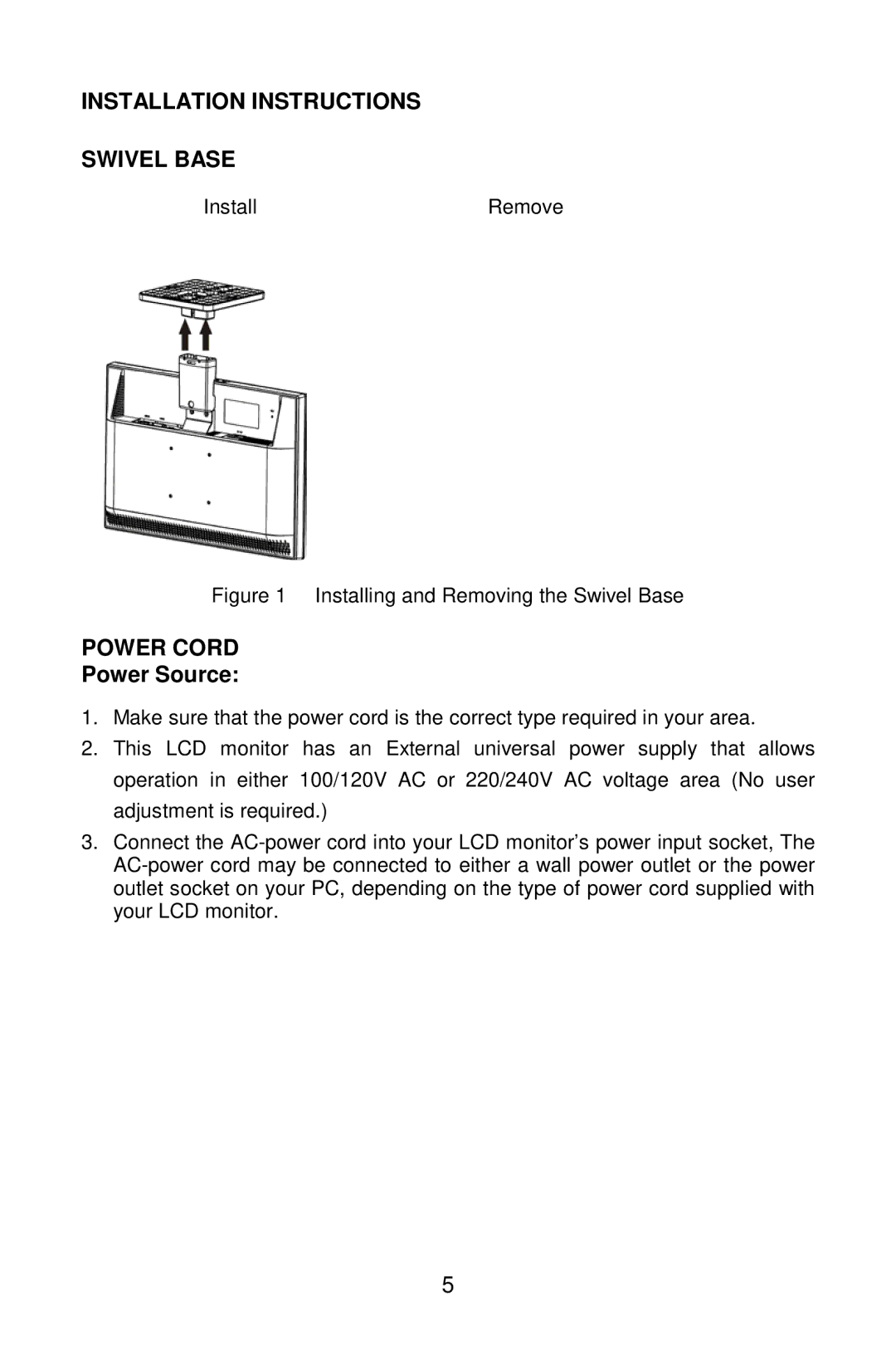 Envision Peripherals G2219 manual Installation Instructions Swivel Base, Power Cord, Power Source 