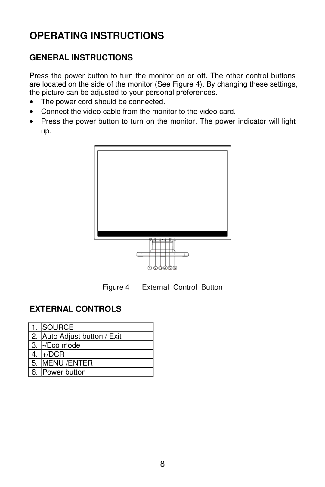 Envision Peripherals G2219 manual General Instructions, External Controls, Source, +/Dcr, Menu /ENTER 