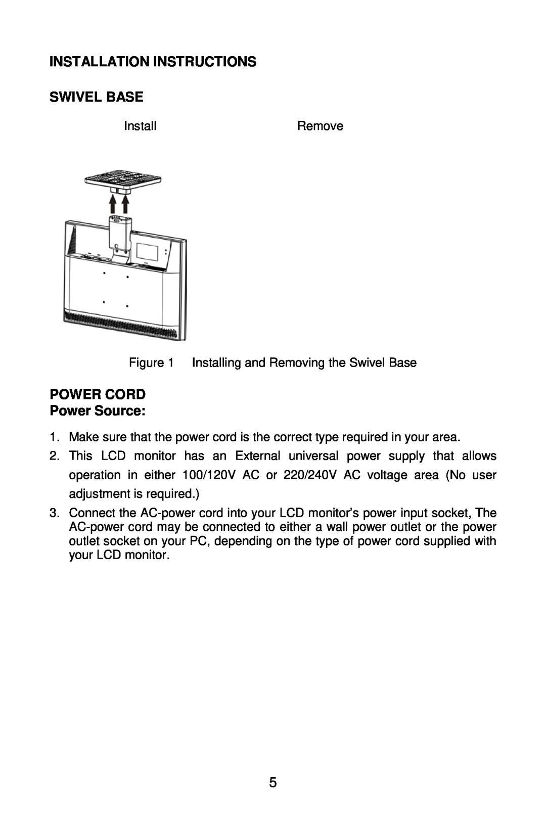 Envision Peripherals G2219 manual Installation Instructions Swivel Base, POWER CORD Power Source 