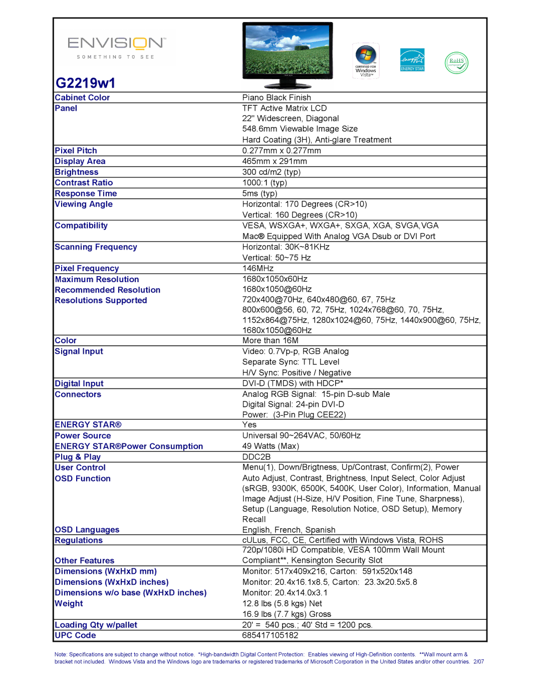 Envision Peripherals G2219W1 dimensions G2219w1, Vesa, Wsxga+, Wxga+, Sxga, Xga, Svga,Vga, DDC2B 