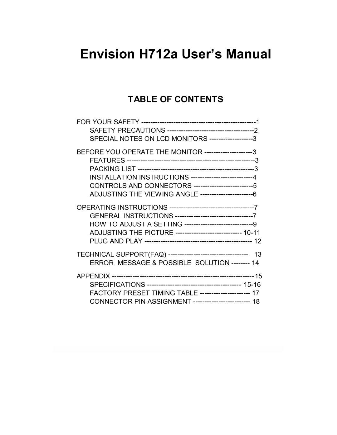 Envision Peripherals H712a user manual Table of Contents 