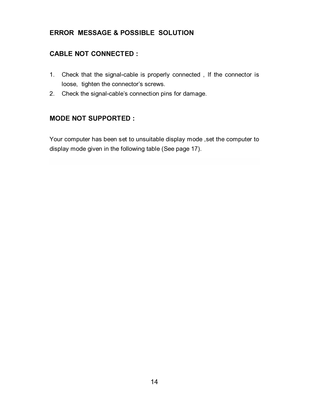 Envision Peripherals H712a user manual Error Message & Possible Solution Cable not Connected, Mode not Supported 