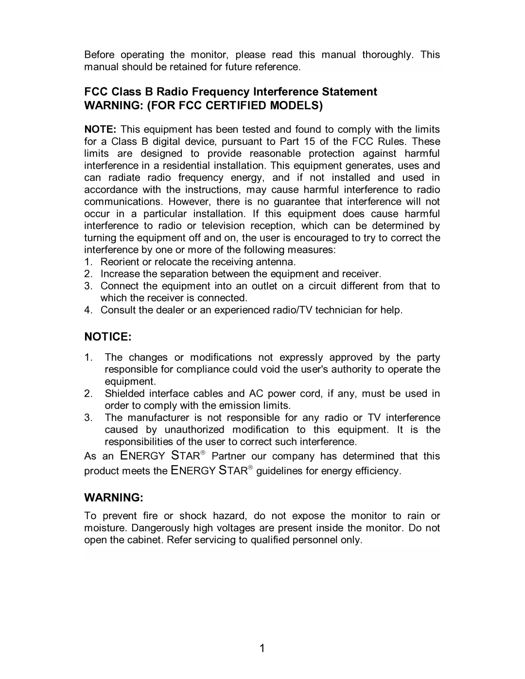 Envision Peripherals H712a user manual FCC Class B Radio Frequency Interference Statement 