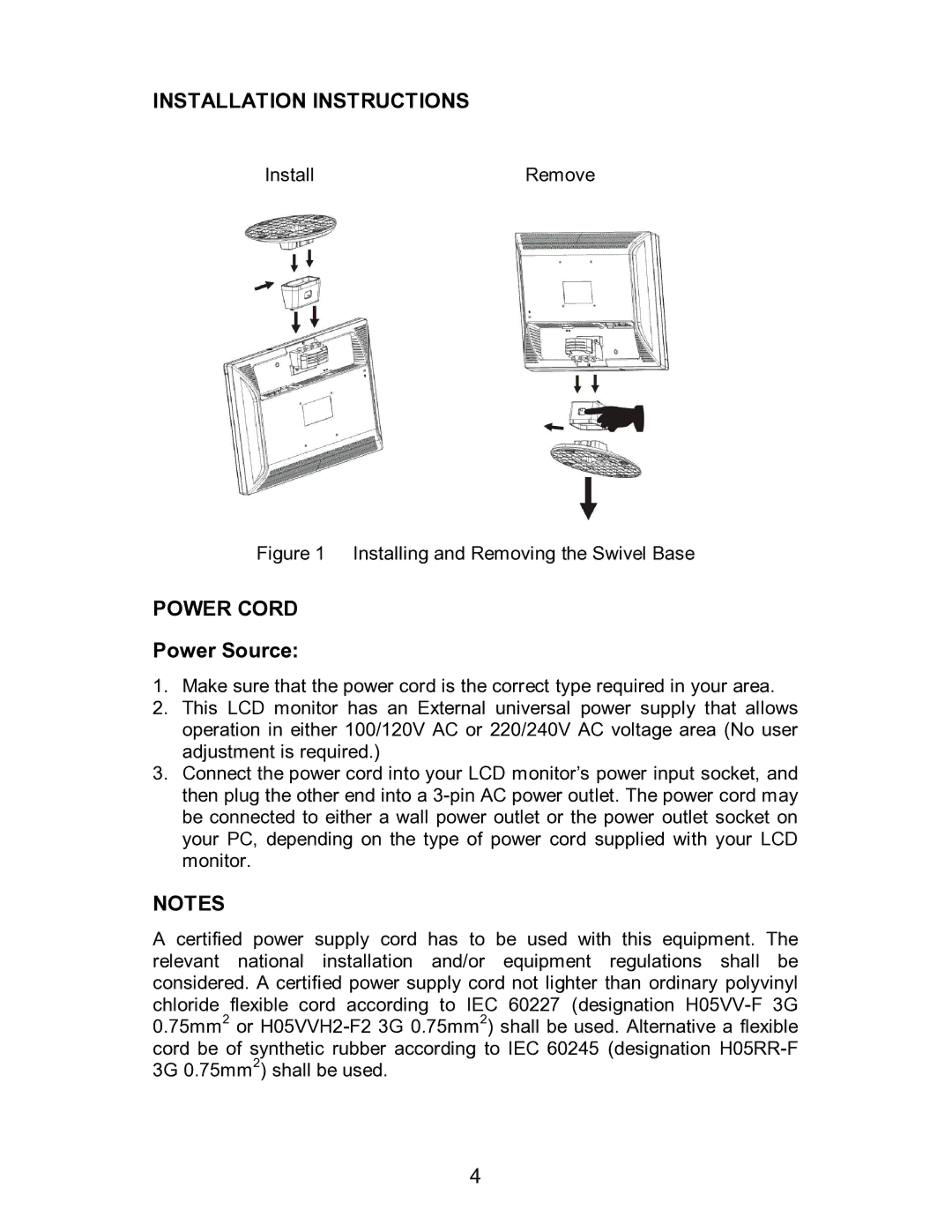 Envision Peripherals H712a user manual Installation Instructions, Power Cord, Power Source 