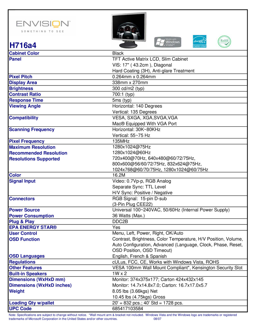 Envision Peripherals H716A4 dimensions H716a4, EPA Energy Star 