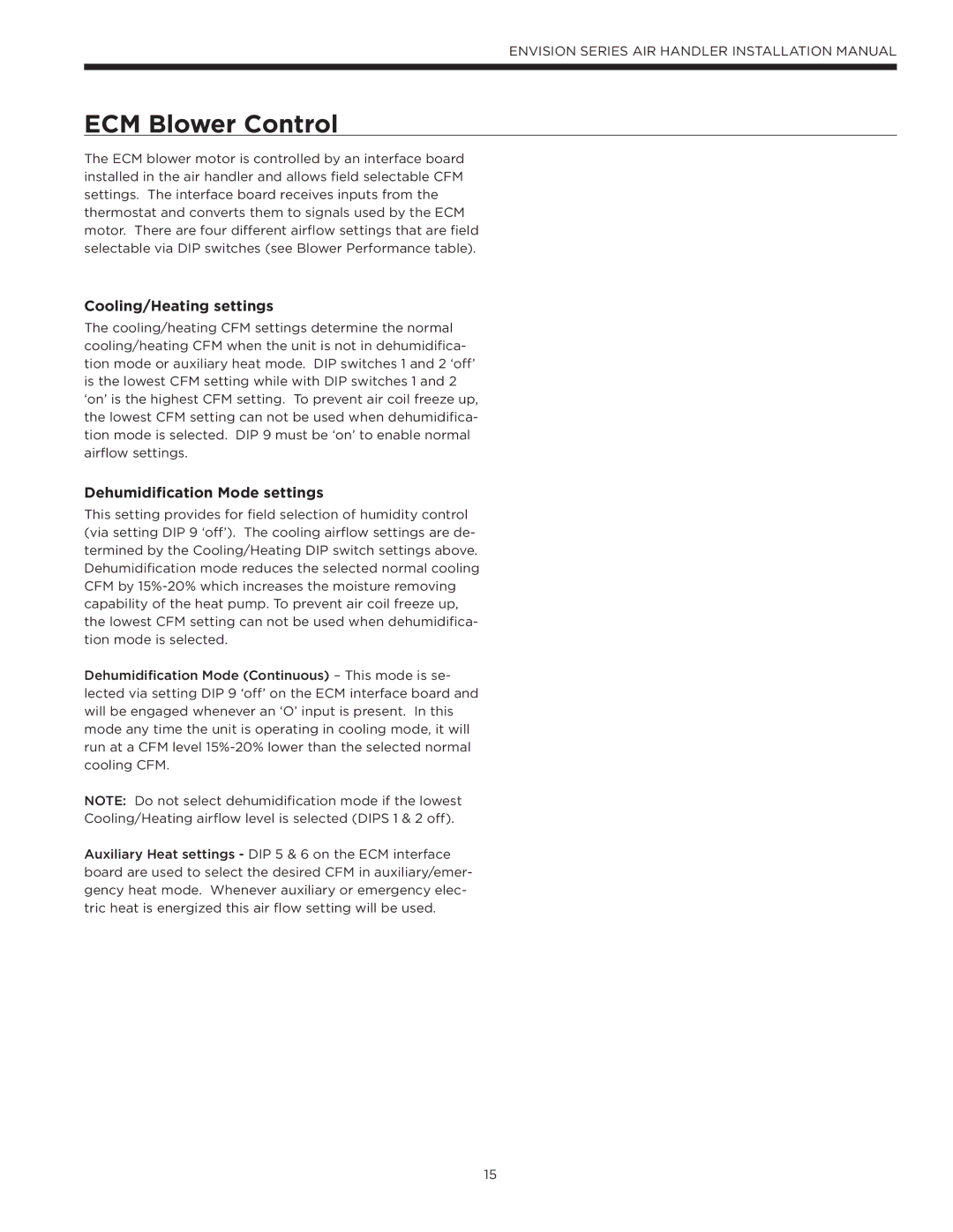 Envision Peripherals IM1603 ECM Blower Control, Cooling/Heating settings, Dehumidification Mode settings 