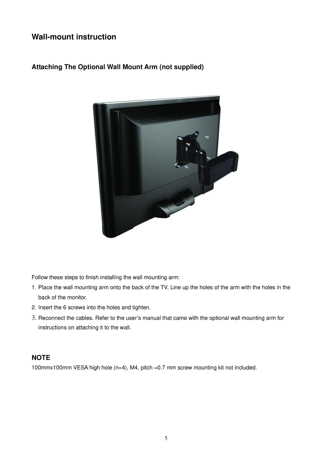 Envision Peripherals L19W698 manual Wall-mount instruction, Attaching The Optional Wall Mount Arm not supplied 