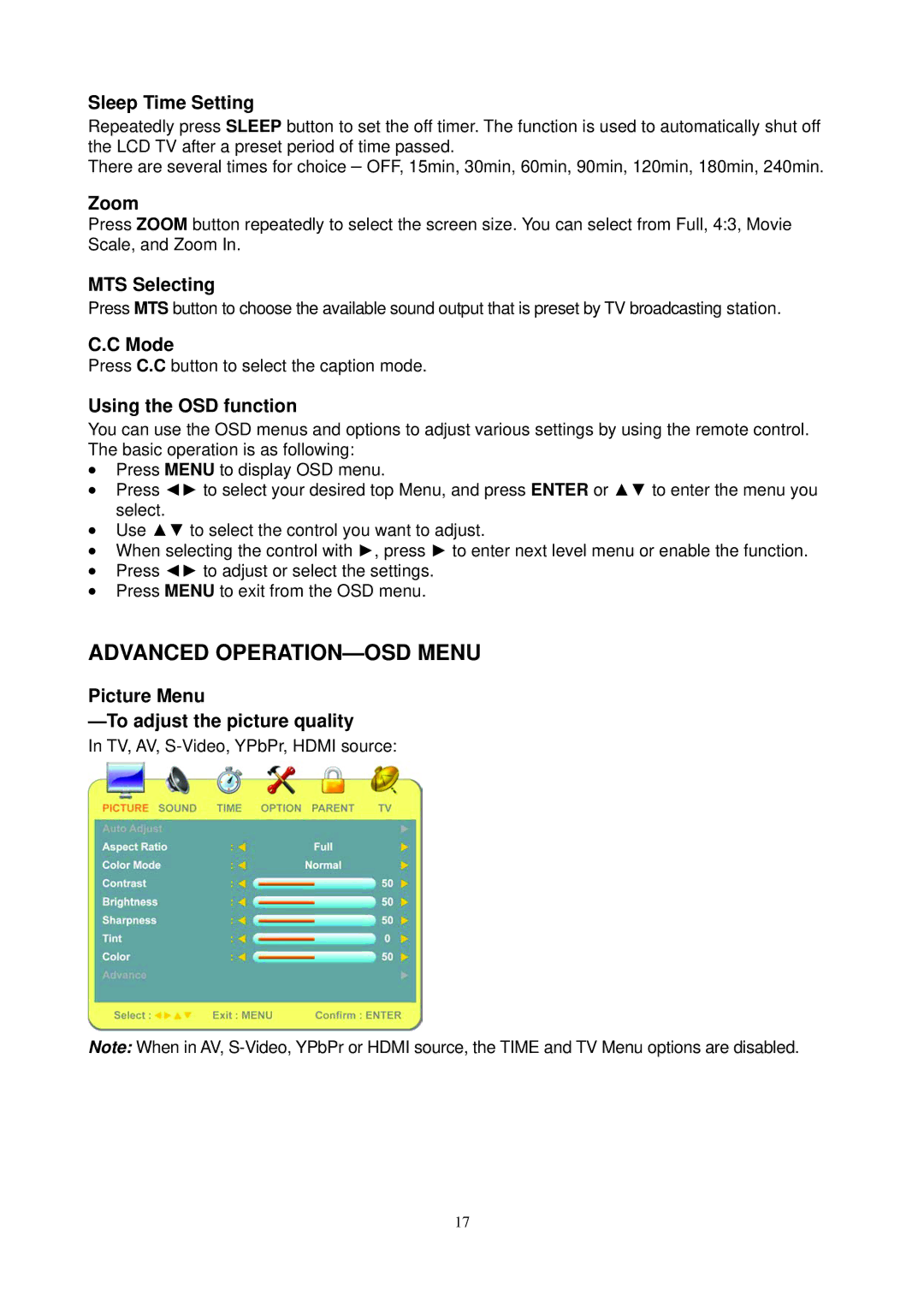 Envision Peripherals L19W698 manual Sleep Time Setting, Zoom, MTS Selecting, Mode, Using the OSD function 