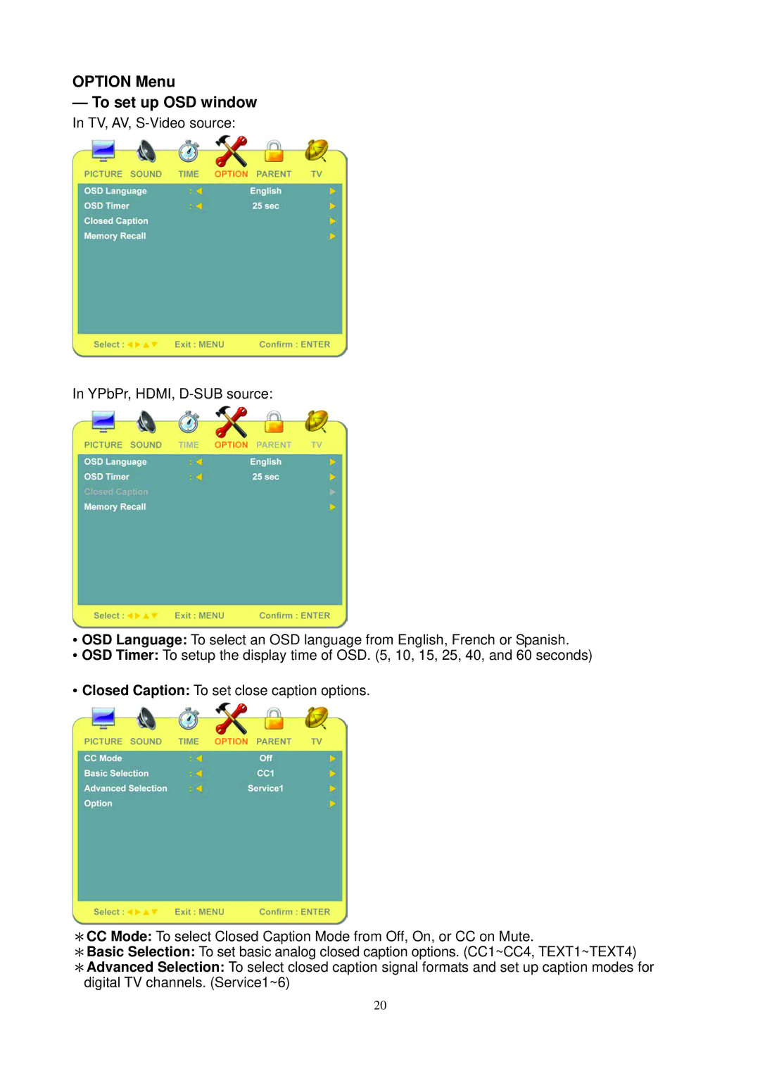 Envision Peripherals L19W698 manual Option Menu To set up OSD window 