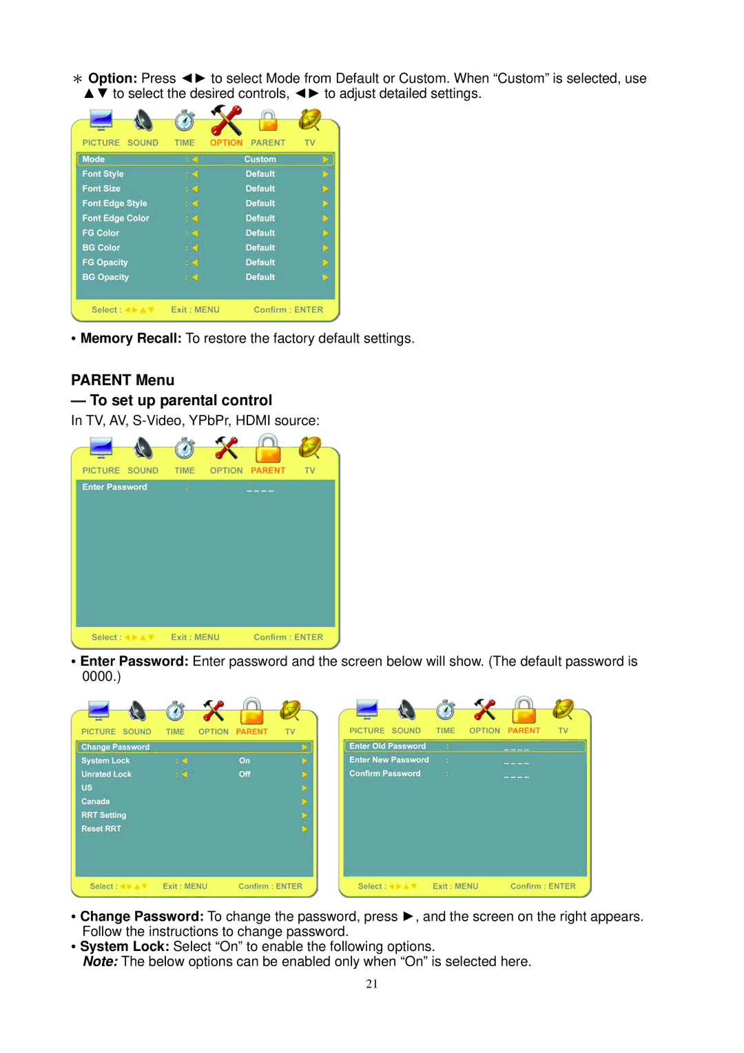 Envision Peripherals L19W698 manual Parent Menu To set up parental control 