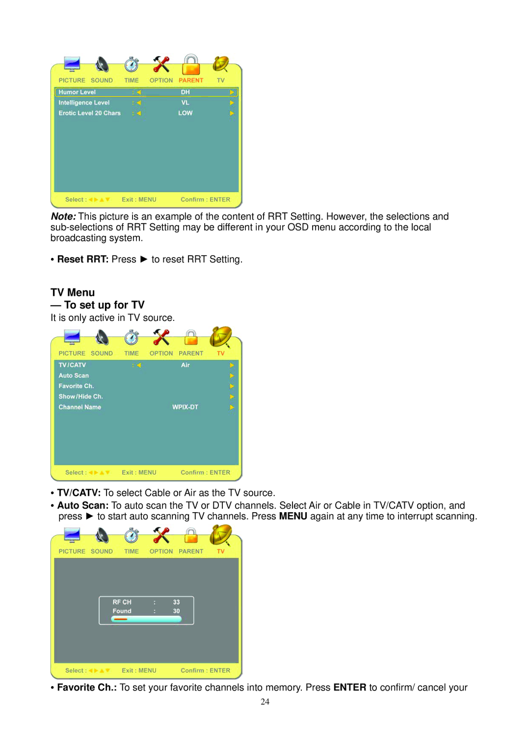 Envision Peripherals L19W698 manual TV Menu To set up for TV 