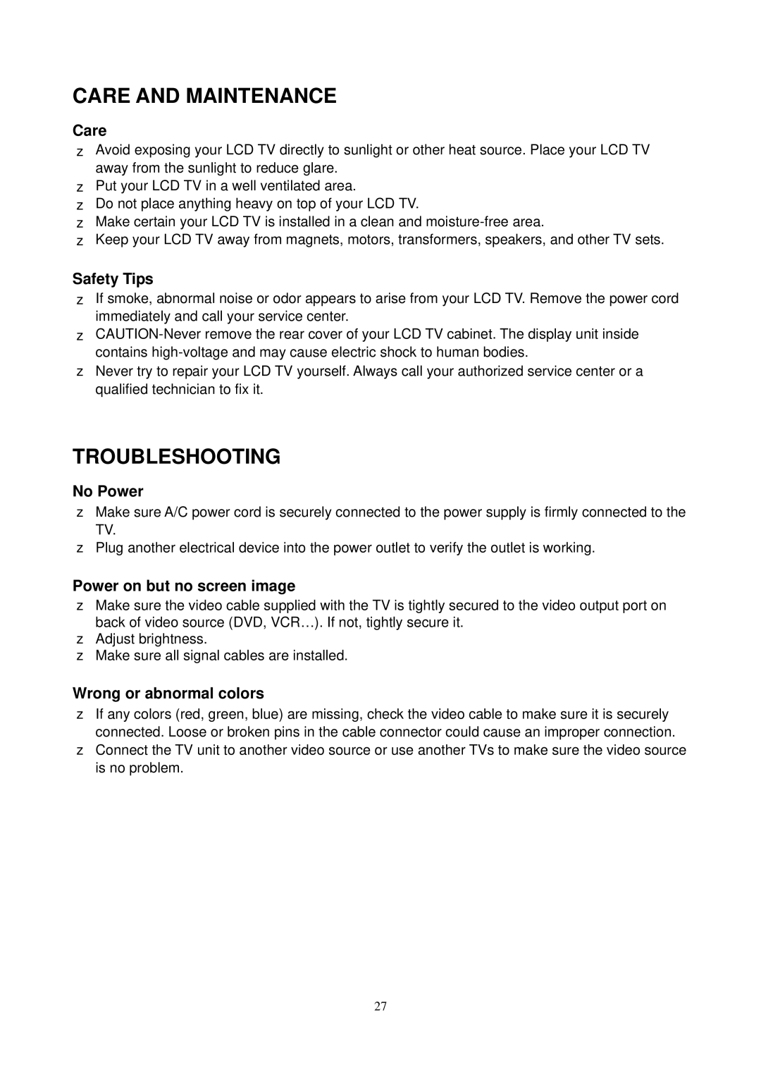 Envision Peripherals L19W698 manual Care and Maintenance, Troubleshooting 