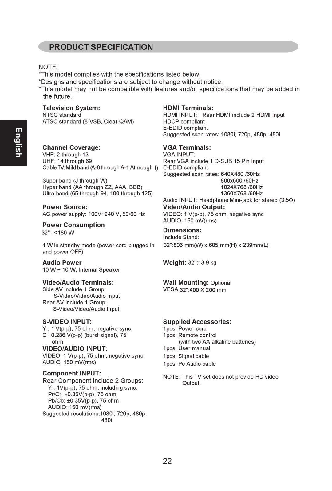 Envision Peripherals L32W661 manual Product Specification, Television System Hdmi Terminals 