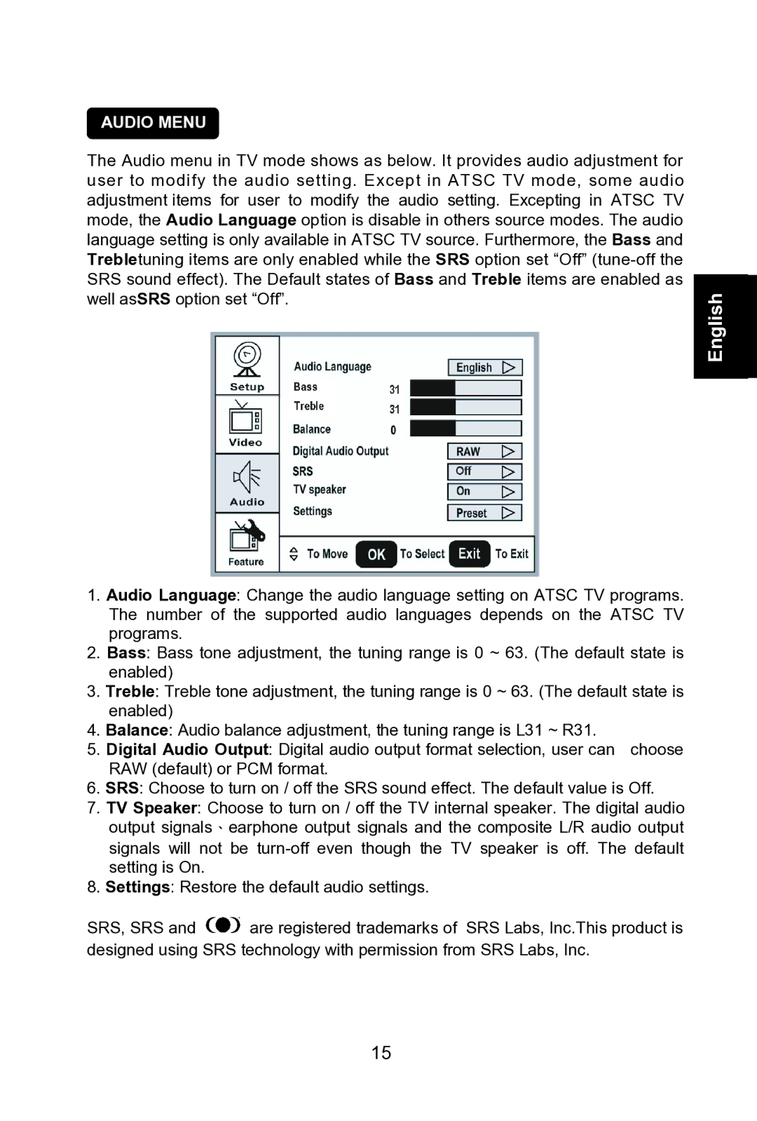 Envision Peripherals L42W761 manual Audio Menu 