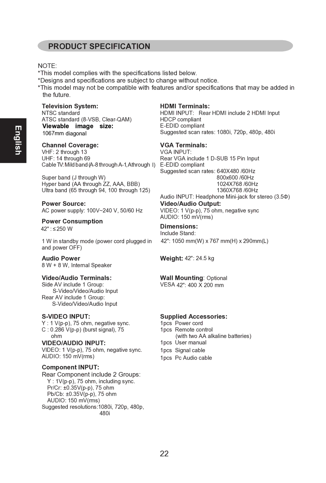 Envision Peripherals L42W761 manual Product Specification, Television System Hdmi Terminals 