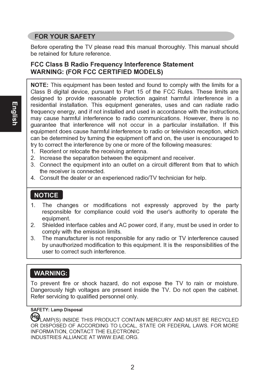 Envision Peripherals L42W761 manual For Your Safety, FCC Class B Radio Frequency Interference Statement 