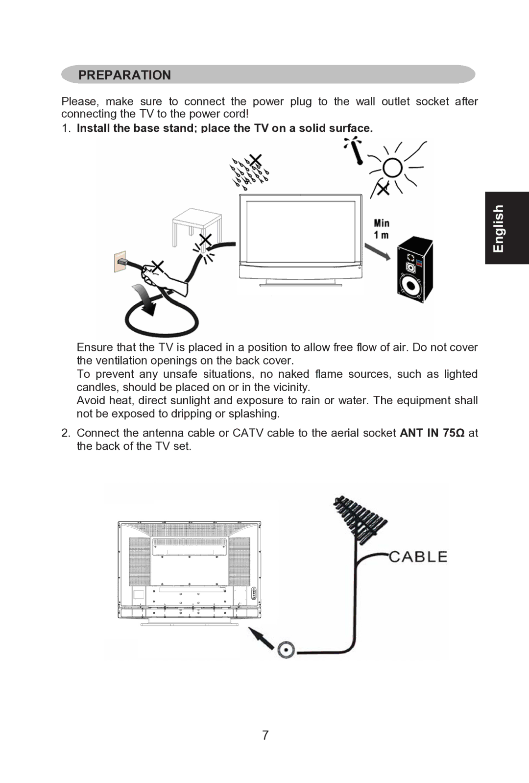 Envision Peripherals L42W761 manual Preparation, Install the base stand place the TV on a solid surface 