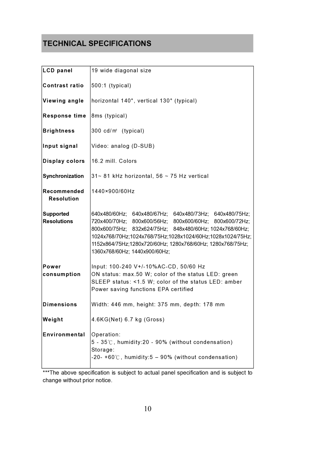 Envision Peripherals LCD manual Technical Specifications 