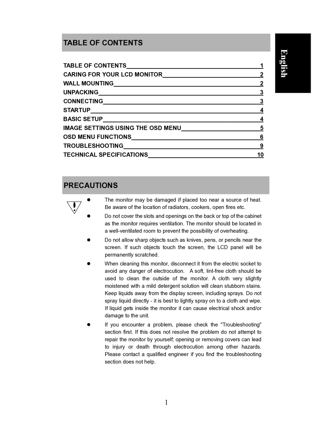 Envision Peripherals LCD manual Table of Contents, Precautions 