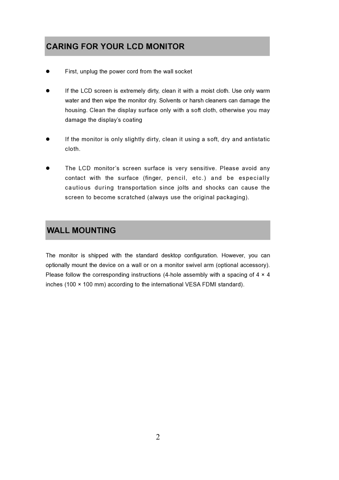 Envision Peripherals manual Caring for Your LCD Monitor, Wall Mounting 