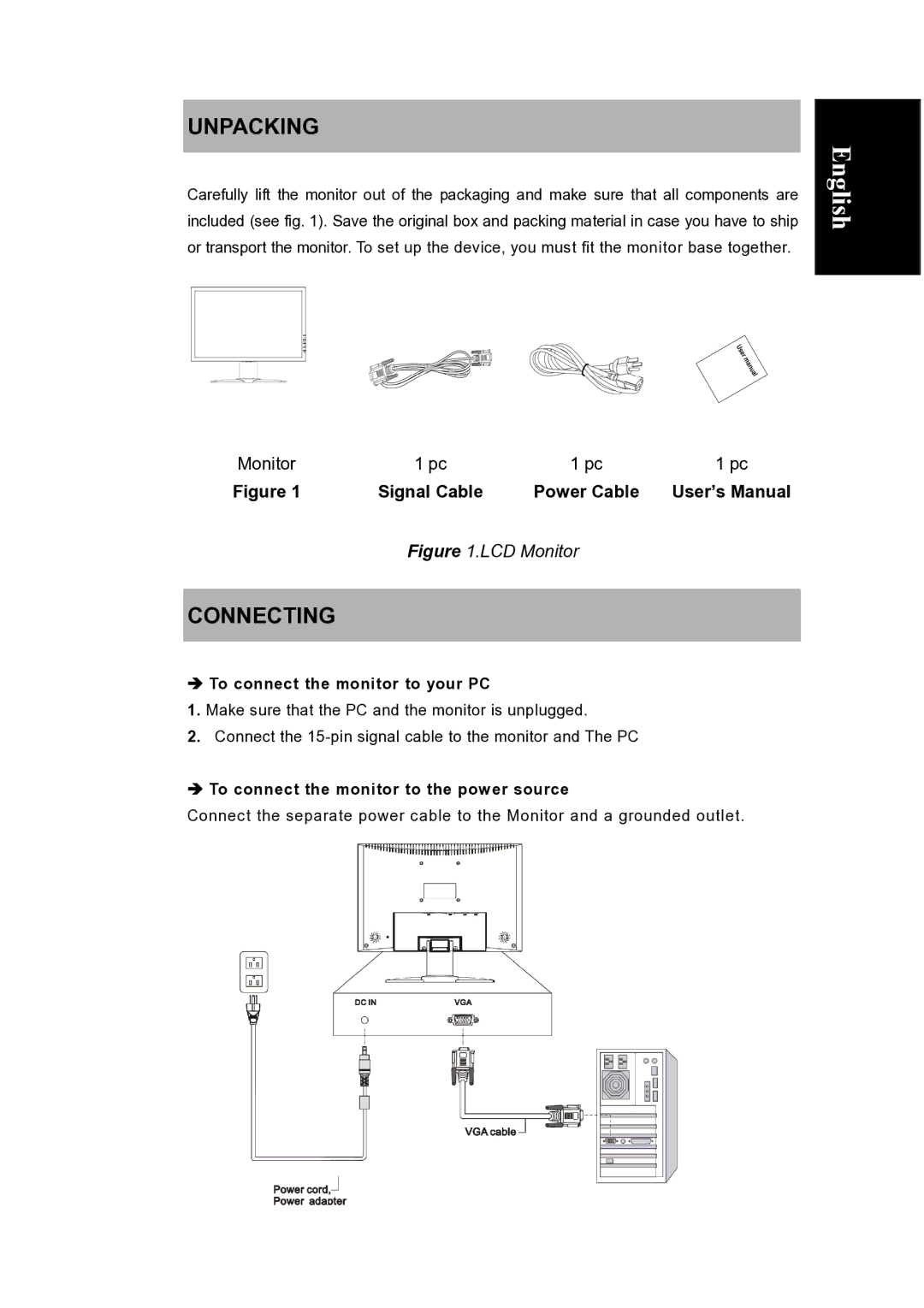 Envision Peripherals LCD manual Unpacking, Connecting 