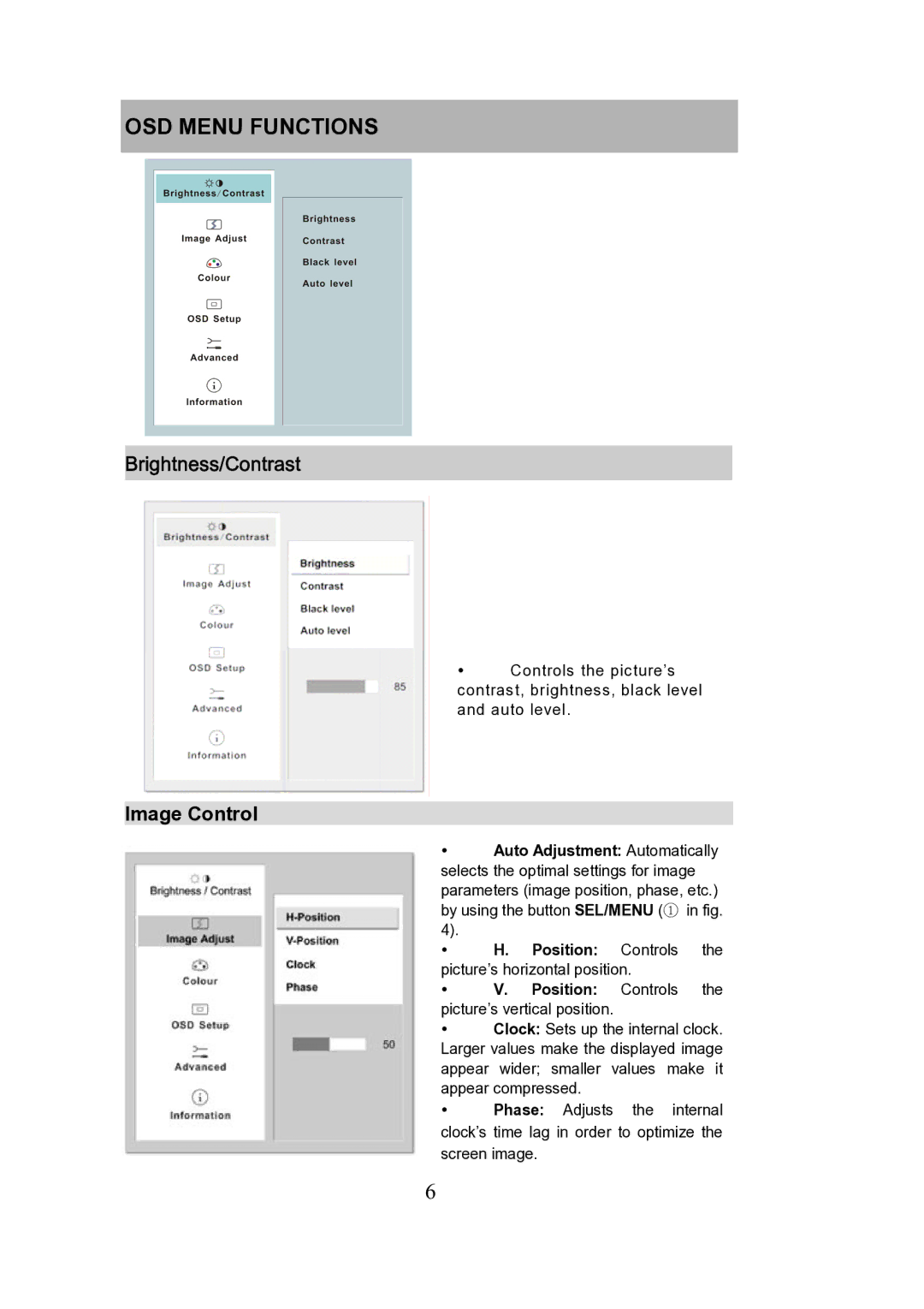 Envision Peripherals LCD manual OSD Menu Functions, Brightness/Contrast, Image Control 