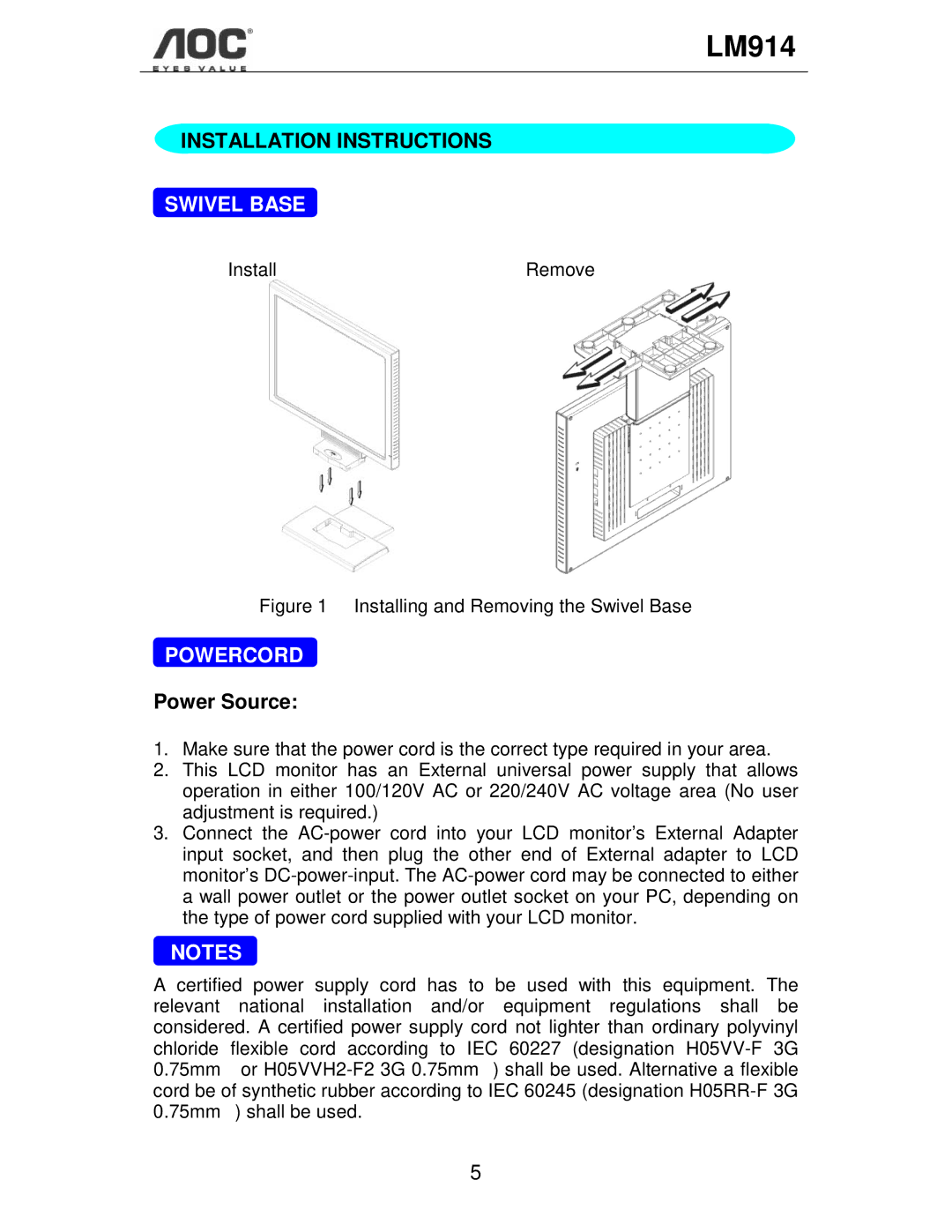 Envision Peripherals LM914 user manual Installation Instructions, Swivel Base, Powercord, Power Source 