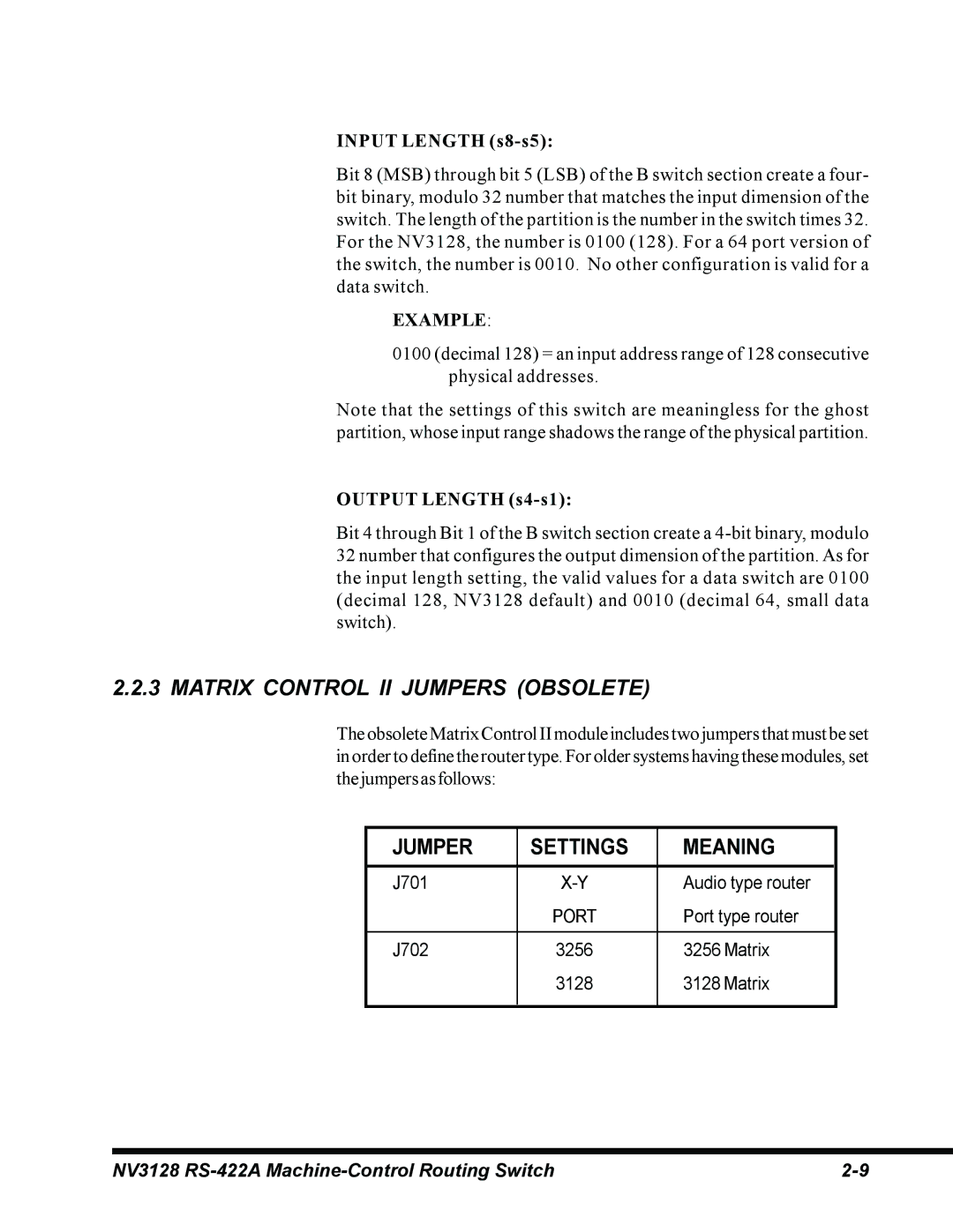 Envision Peripherals NV3128 manual Matrix Control II Jumpers Obsolete, Input Length s8-s5 