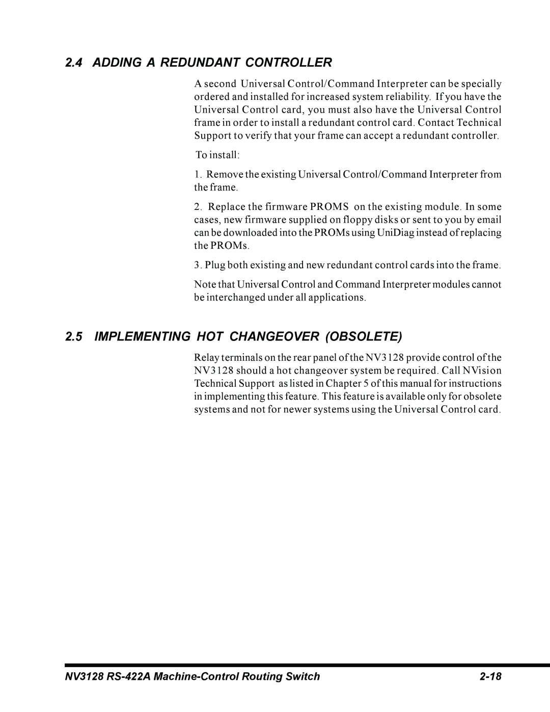 Envision Peripherals NV3128 manual Adding a Redundant Controller, Implementing HOT Changeover Obsolete 