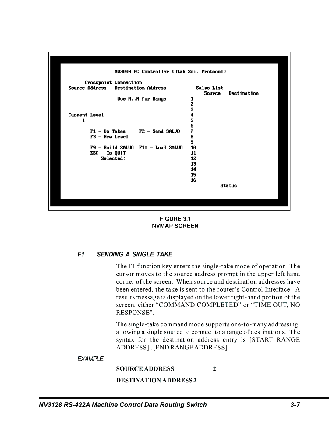 Envision Peripherals NV3128 manual F1 Sending a Single Take 