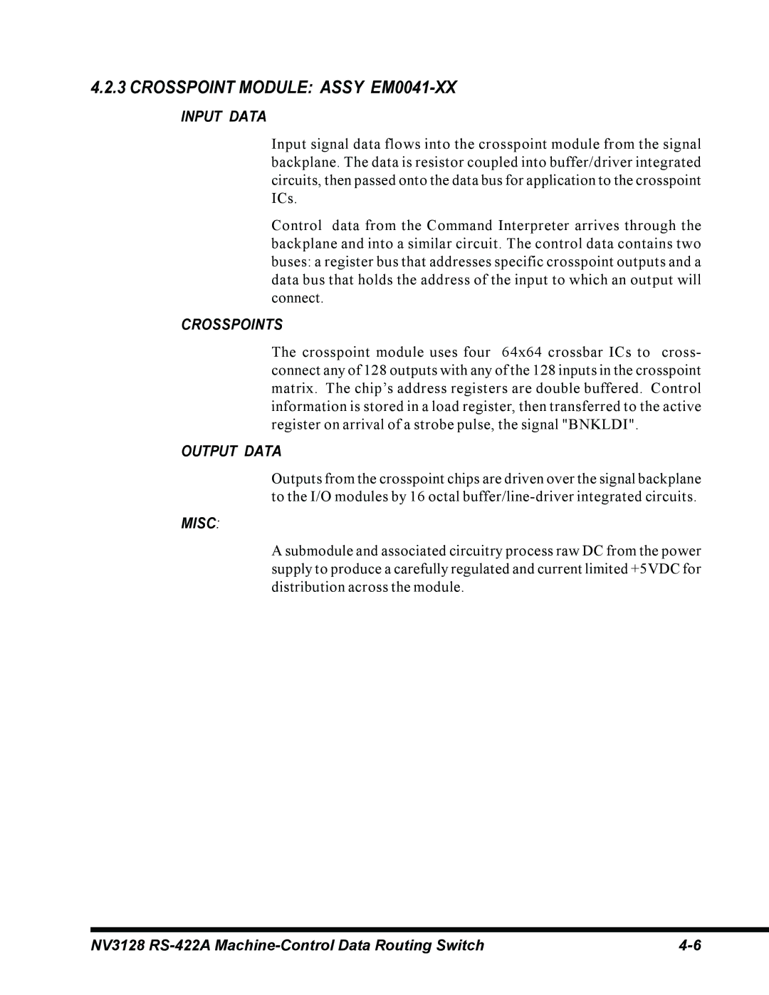 Envision Peripherals NV3128 manual Crosspoint Module Assy EM0041-XX, Input Data, Crosspoints, Output Data, Misc 