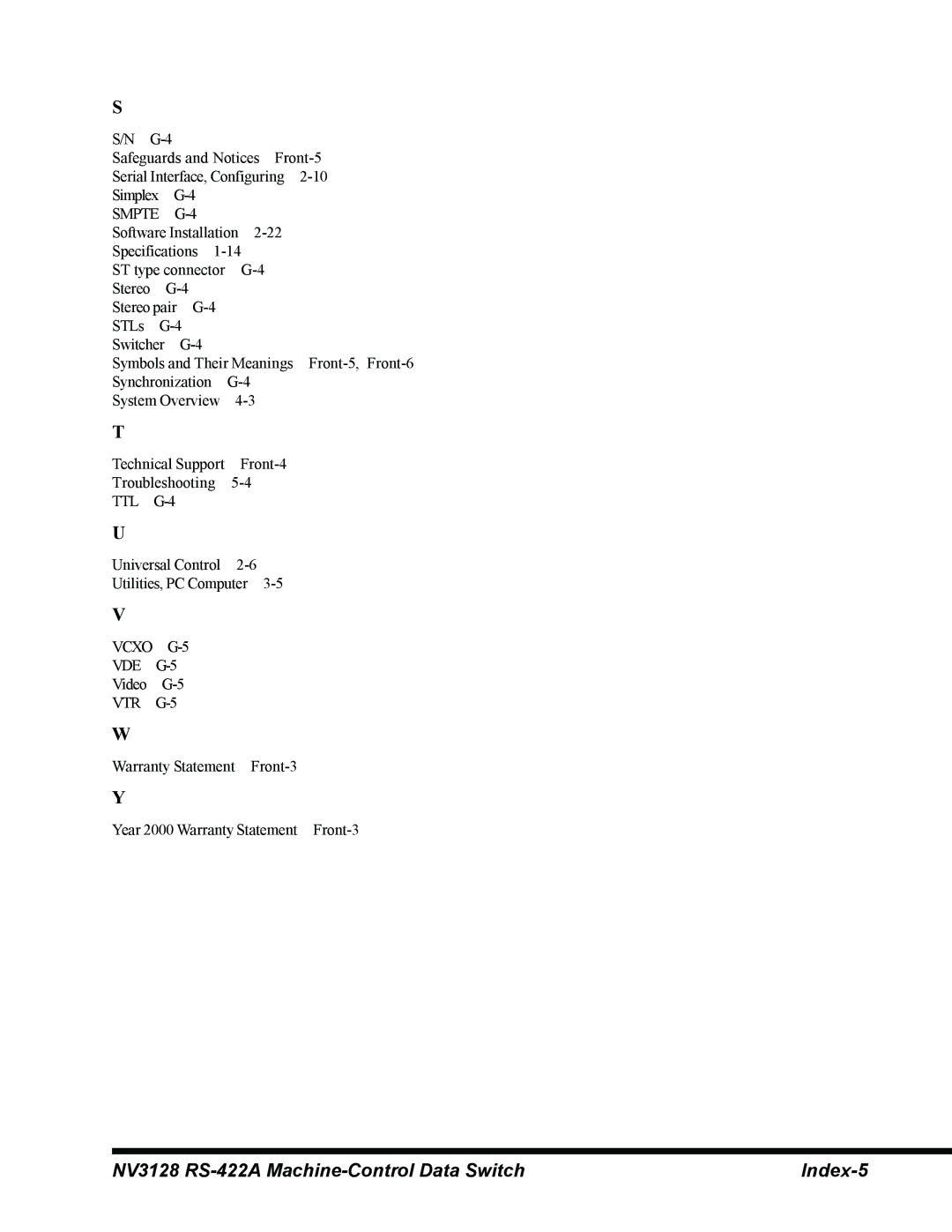 Envision Peripherals manual NV3128 RS-422A Machine-Control Data Switch Index-5 