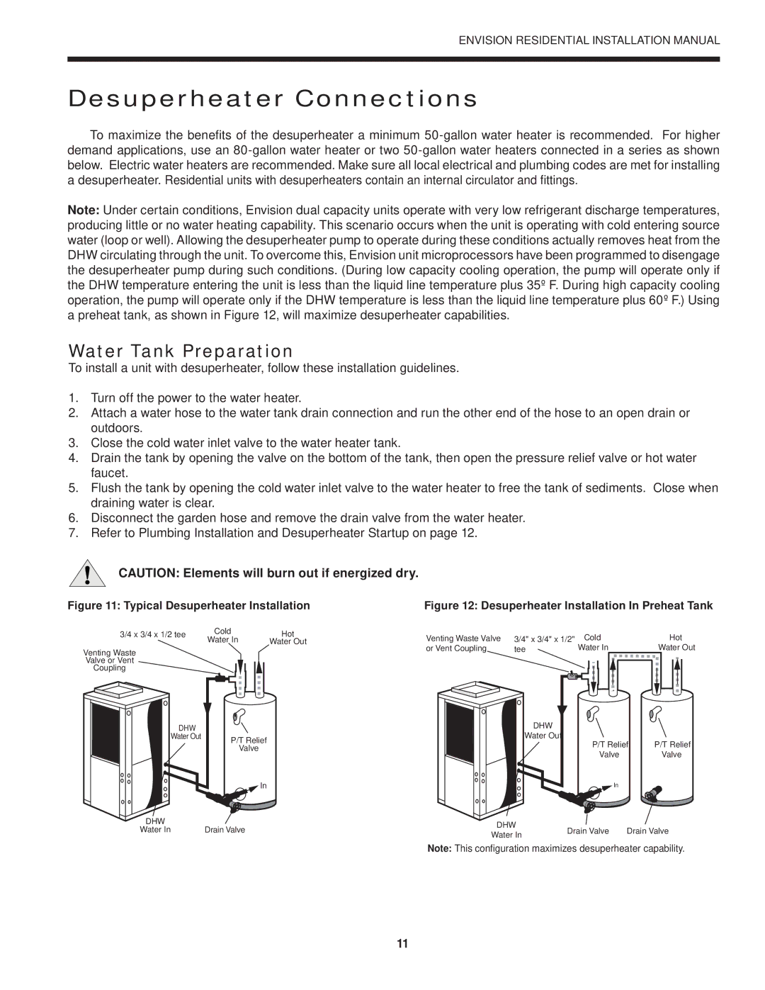 Envision Peripherals R-410A installation manual Desuperheater Connections, Water Tank Preparation 