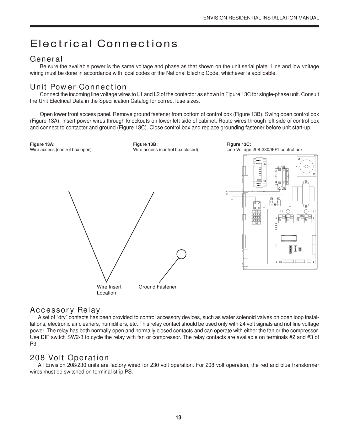 Envision Peripherals R-410A Electrical Connections, General, Unit Power Connection, Accessory Relay, Volt Operation 