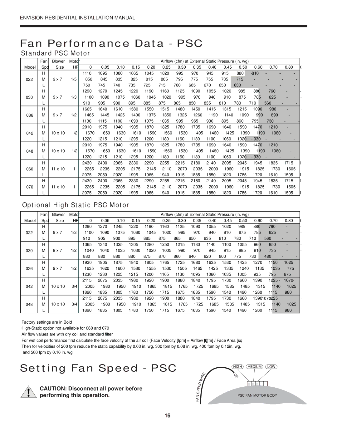 Envision Peripherals R-410A installation manual Fan Performance Data PSC, Setting Fan Speed PSC, Performing this operation 