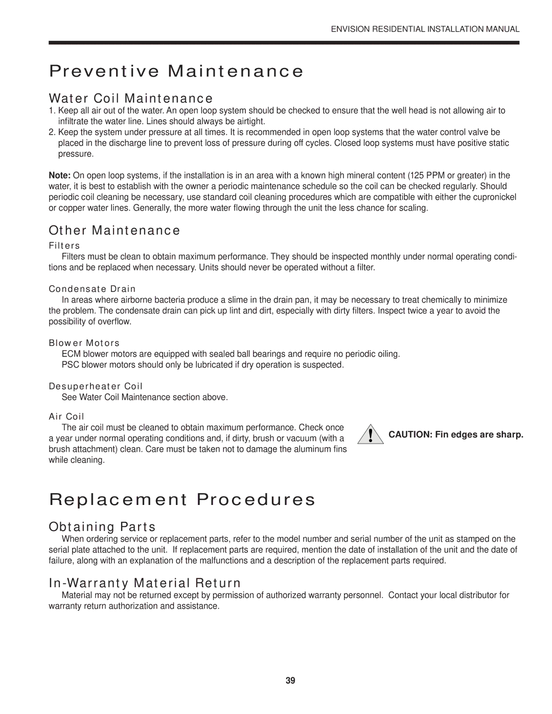 Envision Peripherals R-410A installation manual Preventive Maintenance, Replacement Procedures 