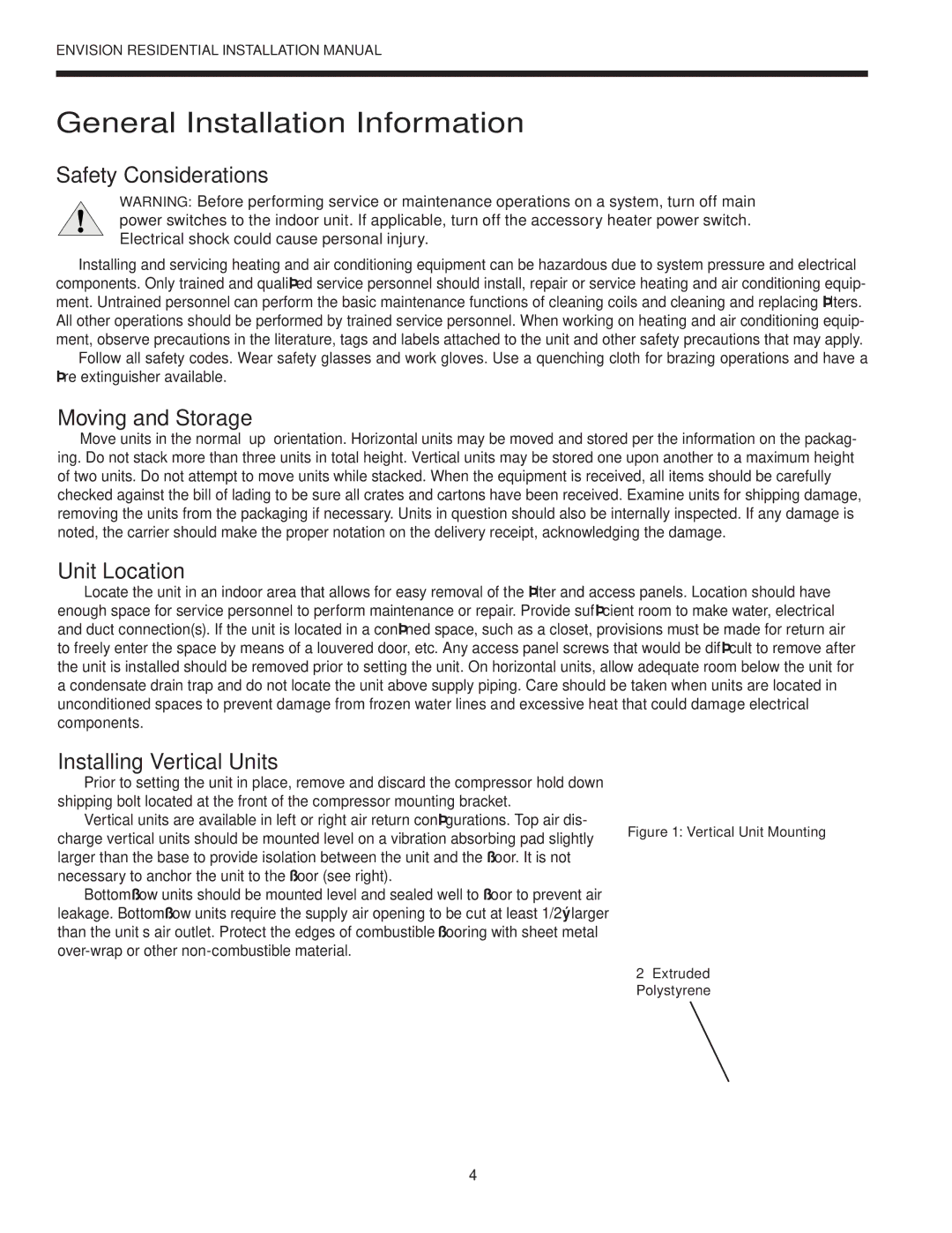 Envision Peripherals R-410A General Installation Information, Safety Considerations, Moving and Storage, Unit Location 