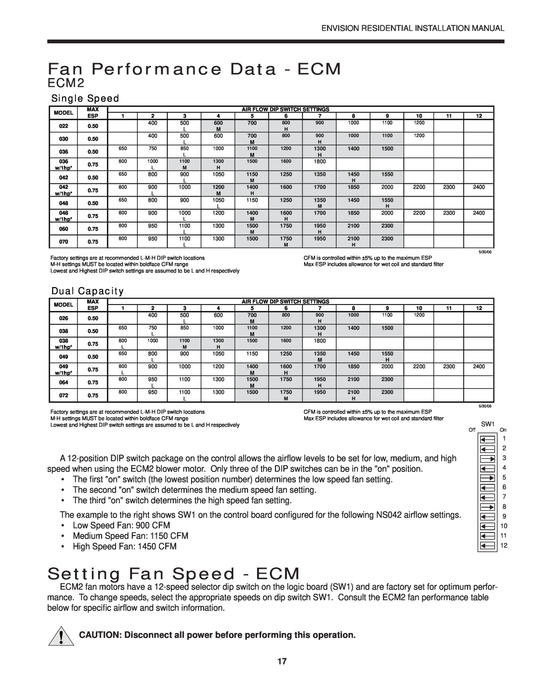 Envision Peripherals R-410A Fan Performance Data - ECM, Setting Fan Speed - ECM, ECM2, Single Speed, Dual Capacity 