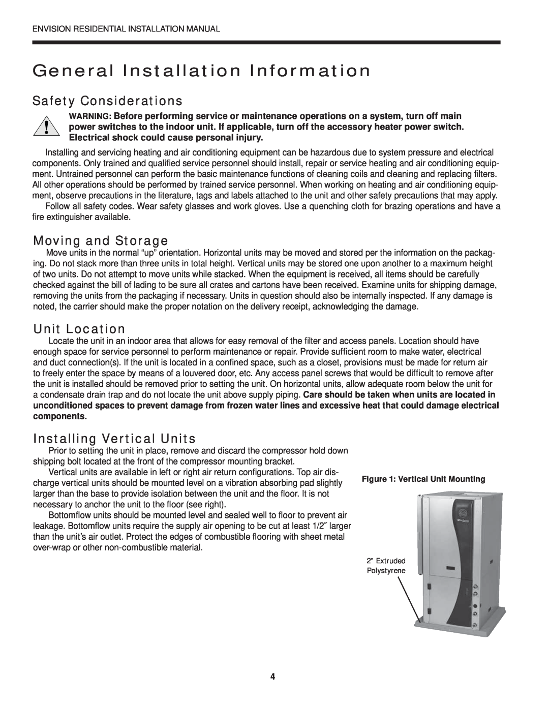 Envision Peripherals R-410A General Installation Information, Safety Considerations, Moving and Storage, Unit Location 