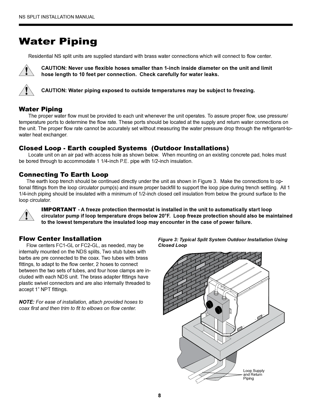 Envision Peripherals Series installation manual Water Piping, Closed Loop Earth coupled Systems Outdoor Installations 