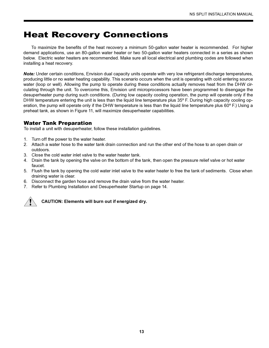 Envision Peripherals Series installation manual Heat Recovery Connections, Water Tank Preparation 