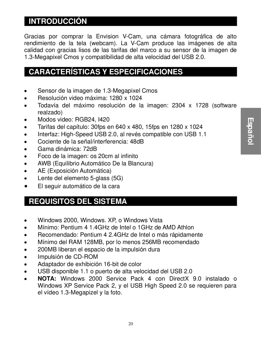 Envision Peripherals WebCam user manual Introducción, Características Y Especificaciones, Requisitos DEL Sistema 