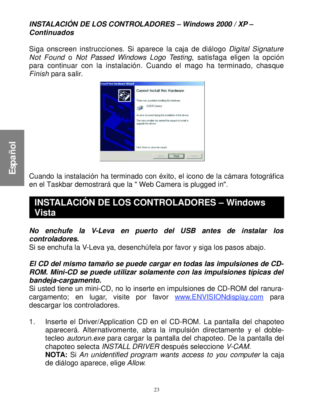 Envision Peripherals WebCam user manual Instalación DE LOS Controladores Windows Vista 