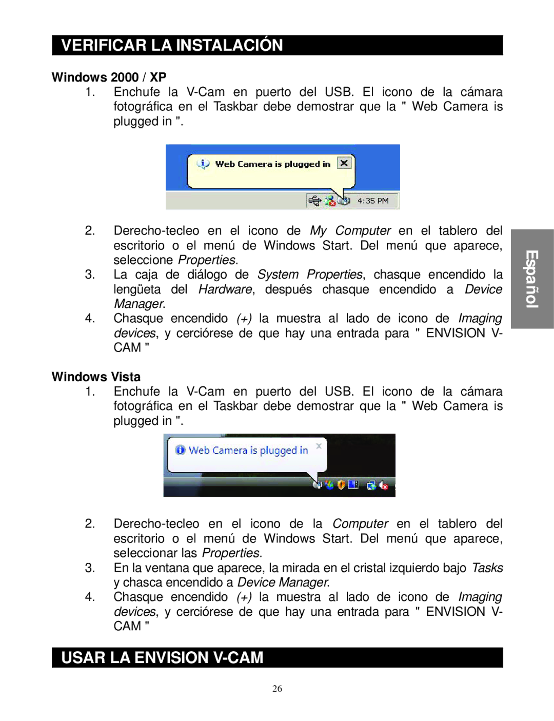 Envision Peripherals WebCam user manual Verificar LA Instalación, Usar LA Envision V-CAM 