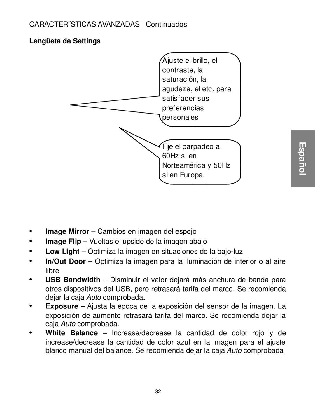 Envision Peripherals WebCam user manual Características Avanzadas Continuados, Lengüeta de Settings 