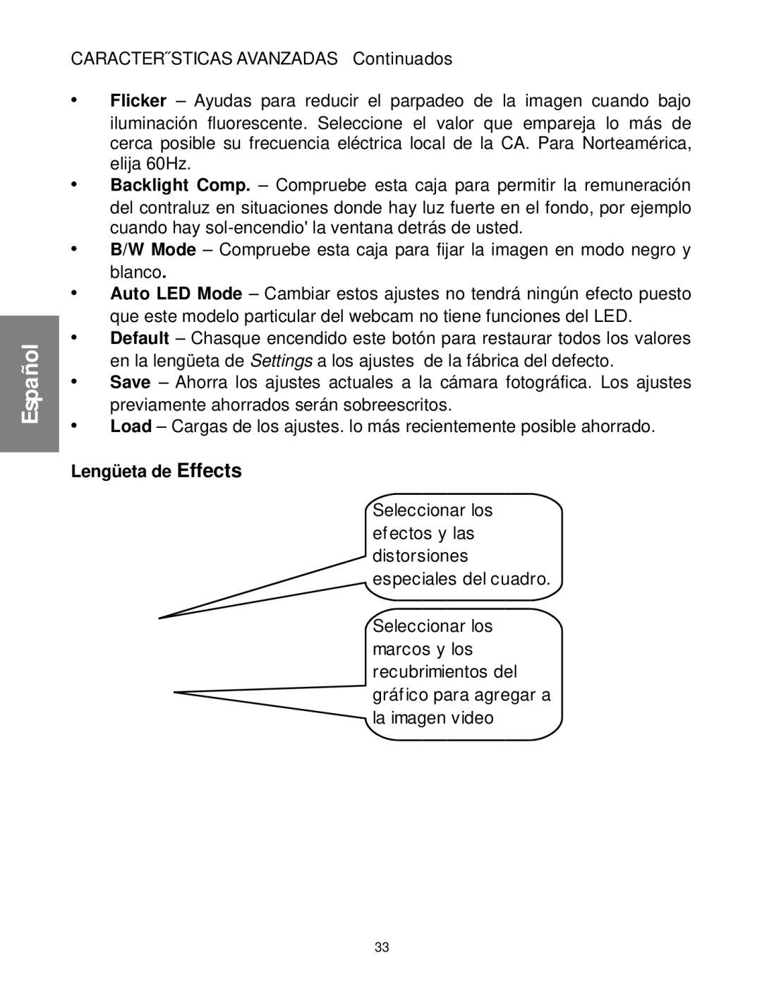 Envision Peripherals WebCam user manual Lengüeta de Effects 