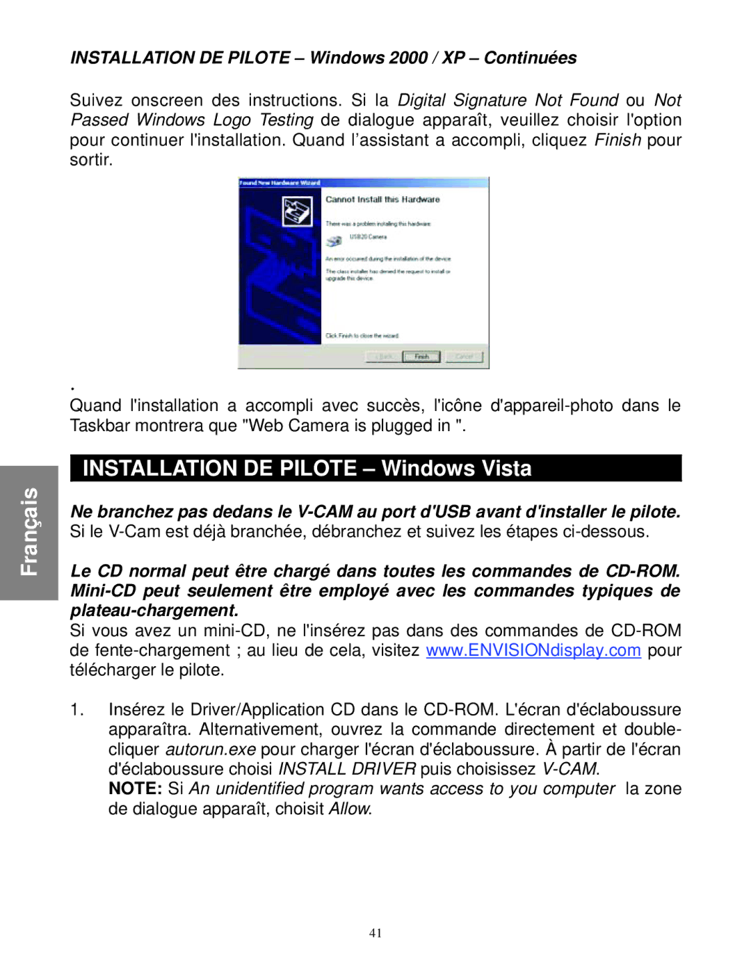 Envision Peripherals WebCam user manual Installation DE Pilote Windows Vista 