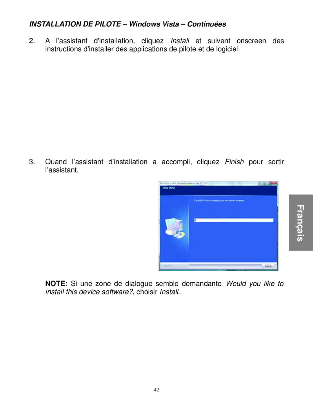 Envision Peripherals WebCam user manual Installation DE Pilote Windows Vista Continuées 