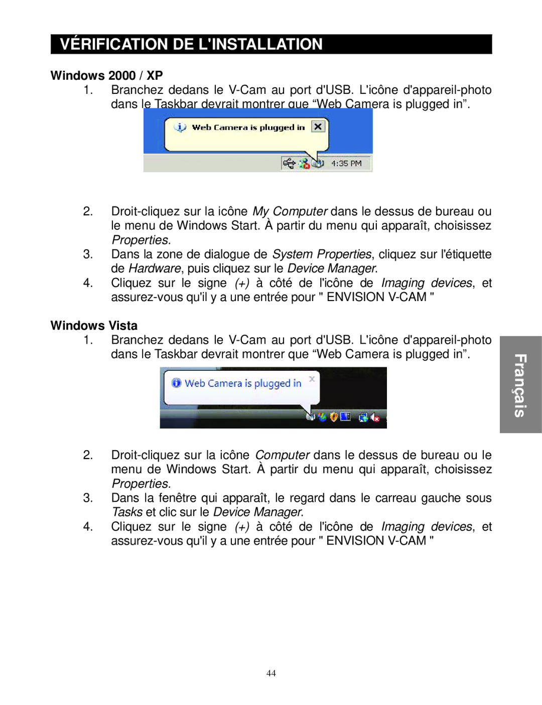 Envision Peripherals WebCam user manual Vérification DE Linstallation, Windows 2000 / XP 